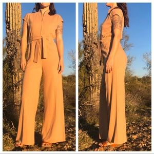 70s Vintage Wide Leg Knit Jumpsuit Short Sleeve
